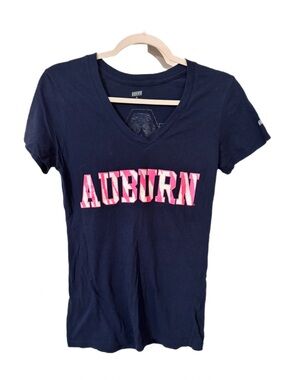 Soffe Navy Short Sleeve V‑Neck Tee with Pink Auburn Appliqué